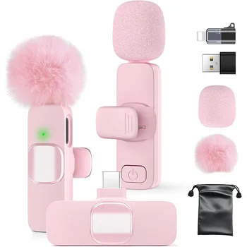 Mini Wireless Lavalier Microphone for iPhone 16/15/14 Android, Pink Lapel Mic with Noise Reduction, 12H Battery, 65ft Range 1