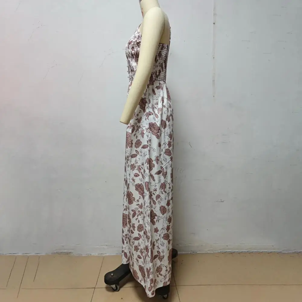 Pleated Jumpsuit Floral Print V Neck Jumpsuit for Women Wide Leg Summer Romper with Elastic Waist Spaghetti Straps for Vacation