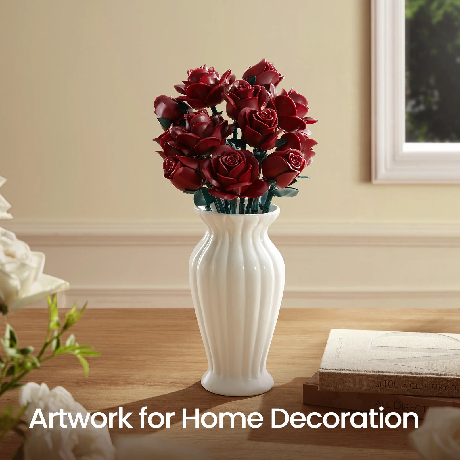 Flower building blocks bouquet set with burgundy roses displayed in elegant white vase