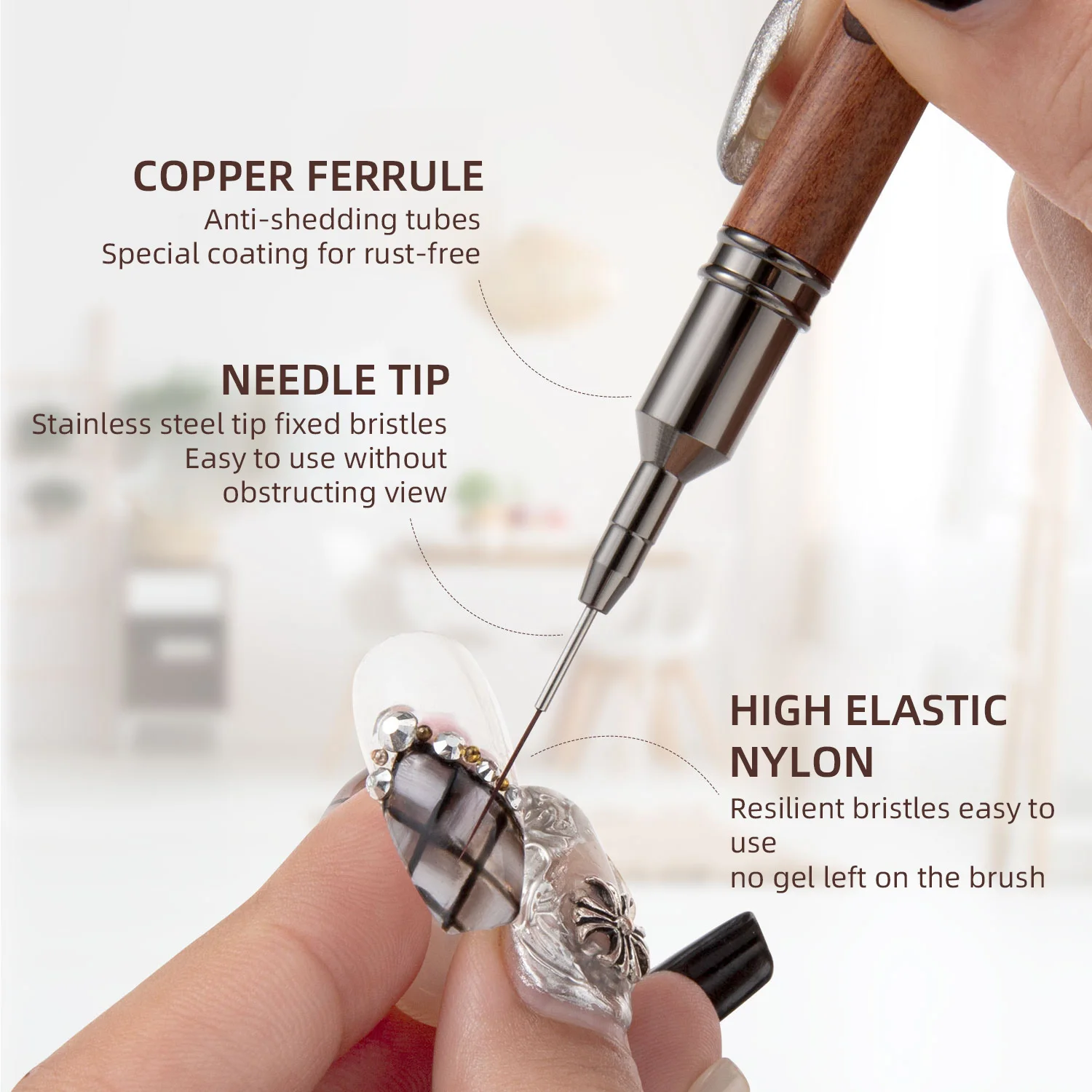 1PC Round Wood Handle Nail Art Liner Brush DIY Painting Pen Sandalwood Syringe Brushes Drawing Fine Lines Stripe Pen UV Gel Nail 3