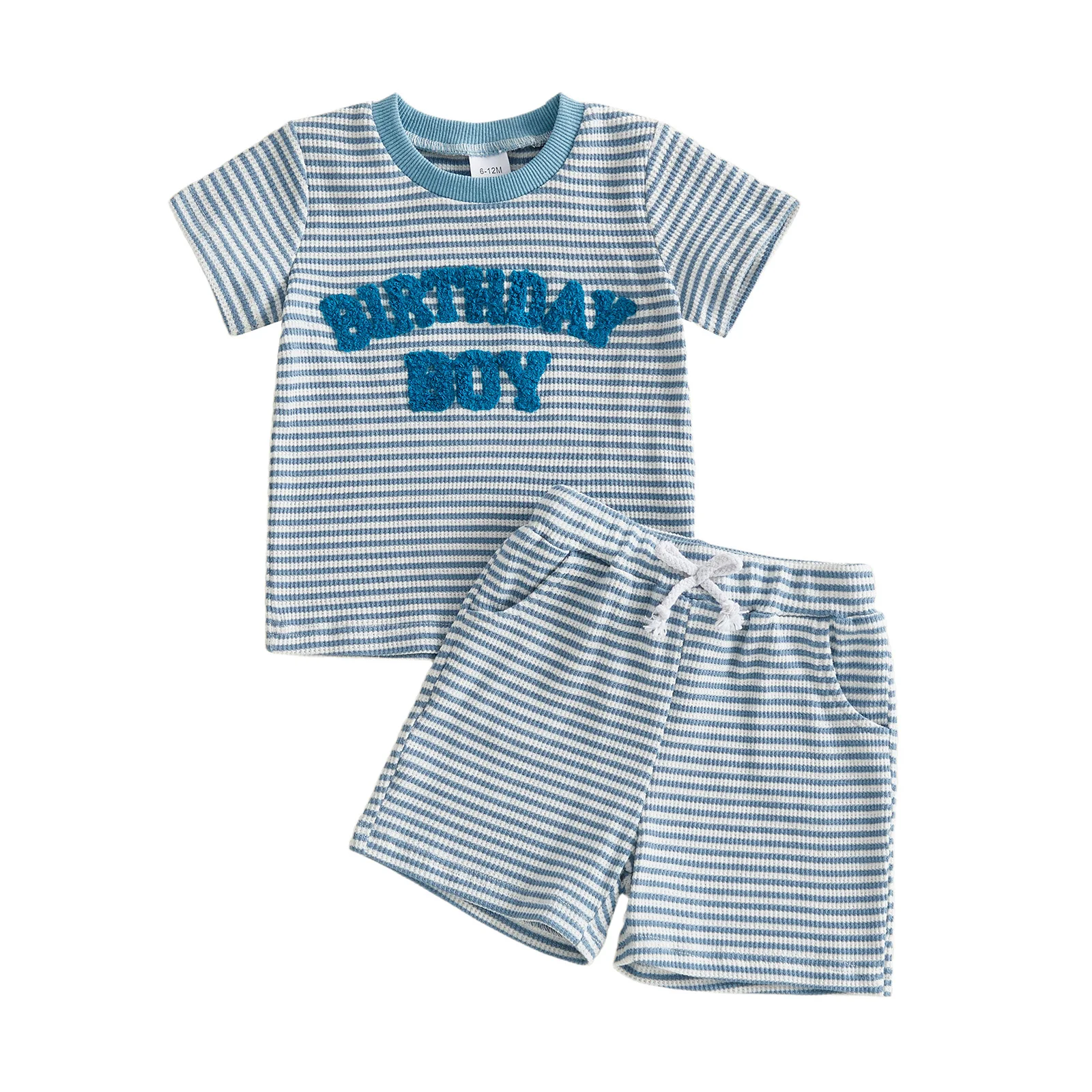 Cute Baby Boy Striped Set with Embroidered Letters Short Sleeve Tee and Elastic Waist Shorts for Summer Fun