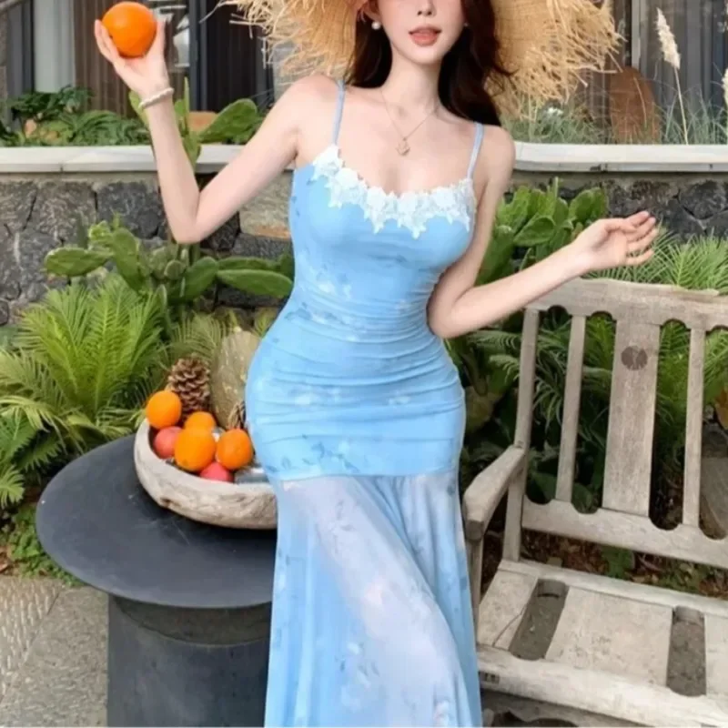 New Mesh Gradient Floral Fish Dress Women Elegant Patchwork Spaghetti Strap Midi Dress Sexy See Through Beach Vacation Vestidos