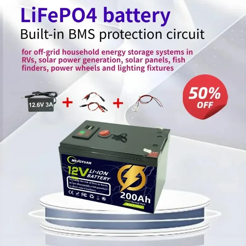 Batteria al Litio LiFePO4 12V 200Ah a Ciclo Profondo, 4000+ Cicli, Ricaricabile per Energia Solare/Eolica, Piccoli UPS, Illuminazione e Altro