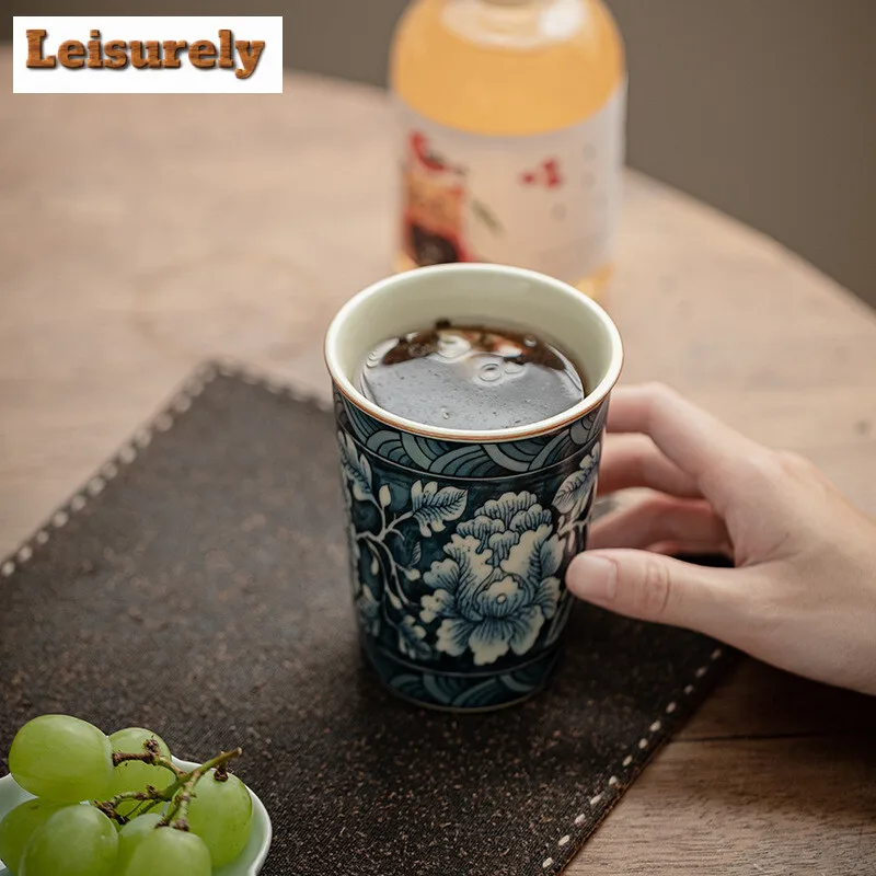 210ML Retro Ru Kiln Porcelain Cola Cup Handmade Blooming Flowers Ceramic Tea Mark Water Mug Coffee Mug Kung Fu Teaset Drinkware