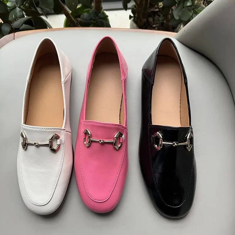 Big Size 34-44 New Genuine Leather Loafers Women Flats Slip On Metal Buckle Women's Flats Fashion Brand Flat Shoes Lady Footwear