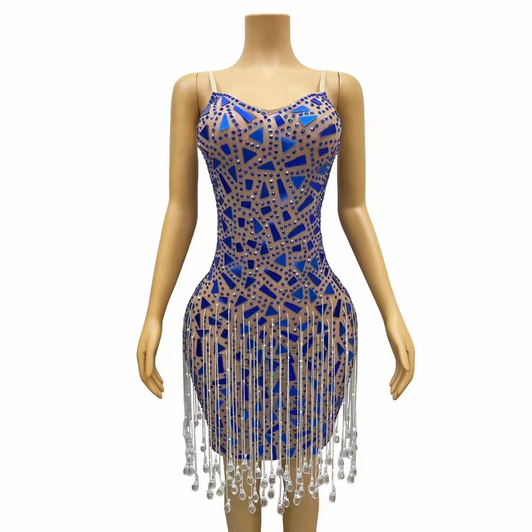 

Sexy Dress Luxurious Water Diamond Long Bead Pendant Sequins Celebration Banquet Stage Wear Birthday Party Blue Jellyfish