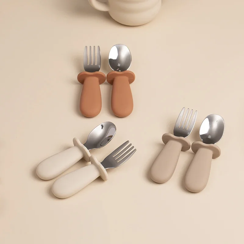 2pcs/Set Baby Tableware Children Utensil Stainless Steel Food Feeding Spoon Fork Set Infant Toddler Silicone Dinnerware Cutlery 5