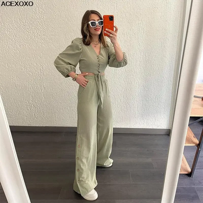 

Women's temperament of new fund of 2023 autumn v-neck dew waist bind coat loose wide-legged pants leisure two-piece outfit