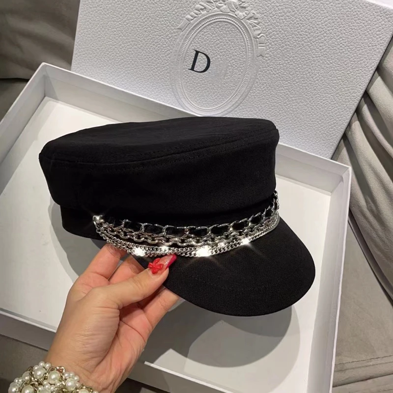 Stylish Navy sun hat Casual military hat women's cotton beret flat cap Captain's cap High quality outdoor casual chain