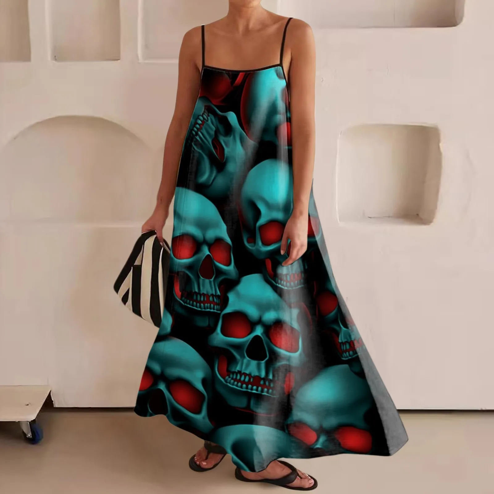 thumbnail image 1 of Vestido largo de moda para mujer con tirantes finos y ribete en contraste, vestidos largos sin mangas para vacaciones, vestidos largos con estampados de Halloween, 1 of 4