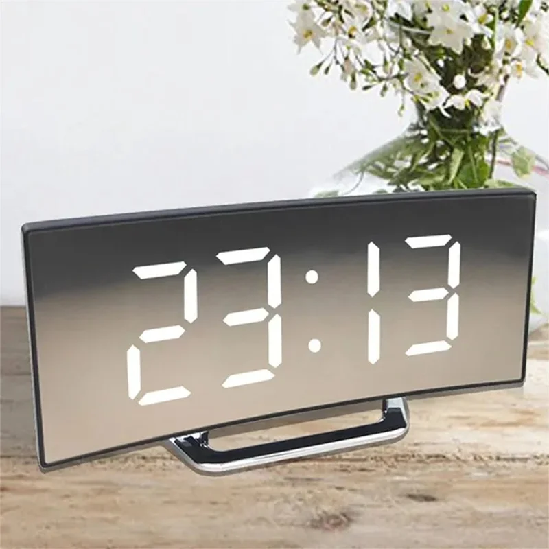 Curved Screen Mirror LED Digital Clock Creative Digital Alarm Clock with Large Display USB Charging Powered Bedside Table Clock