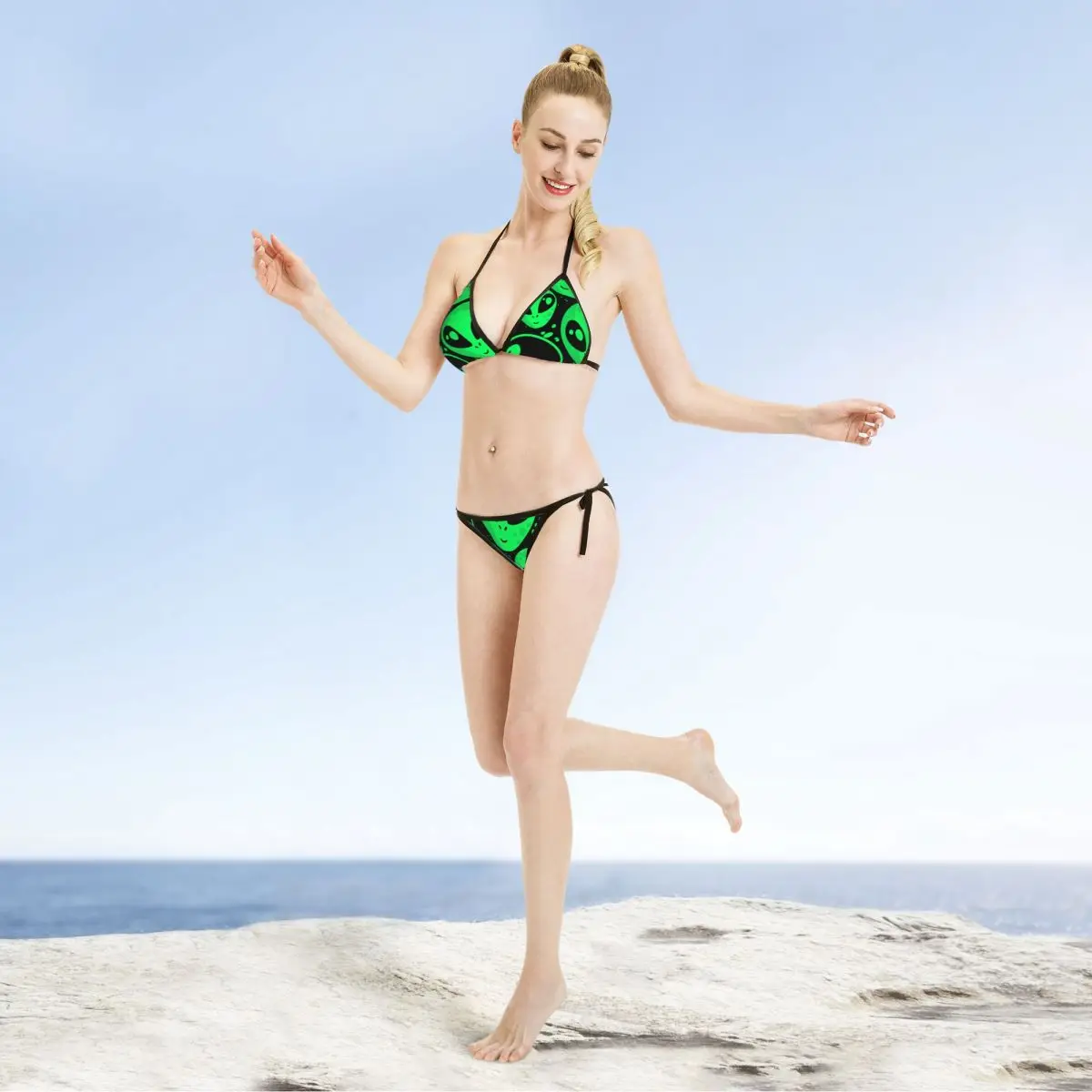 Women Triangle Swimsuit 2-piece Lace-up Bikini Set Ladies Sexy Halter Swimwear Pushup Green Alien UFO Biquini