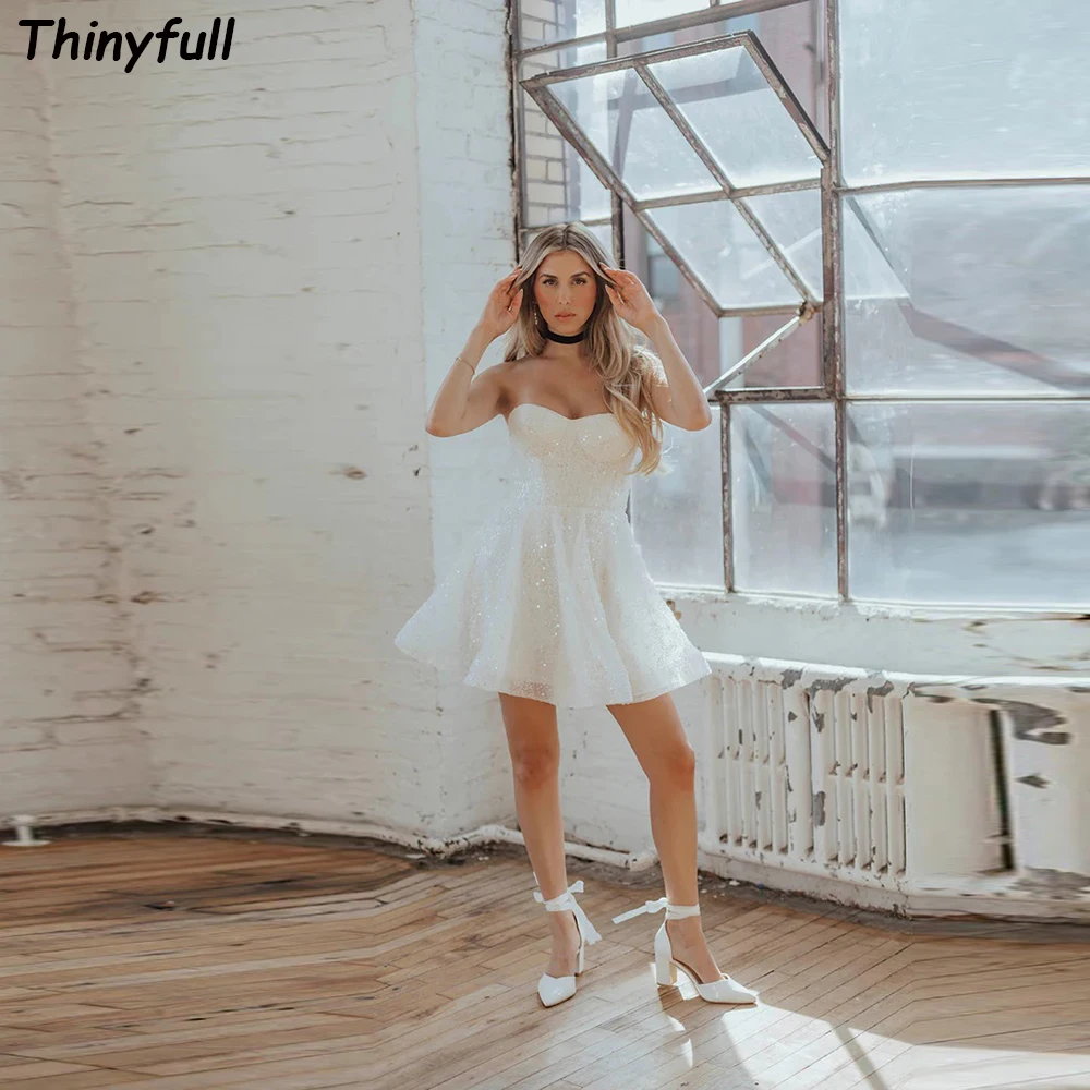 

Thinyfull A-line Short Glitter Wedding Dresses Sweetheart Sleeveless Princess Bridal Gowns 2024 Beach Wedding Party Dress