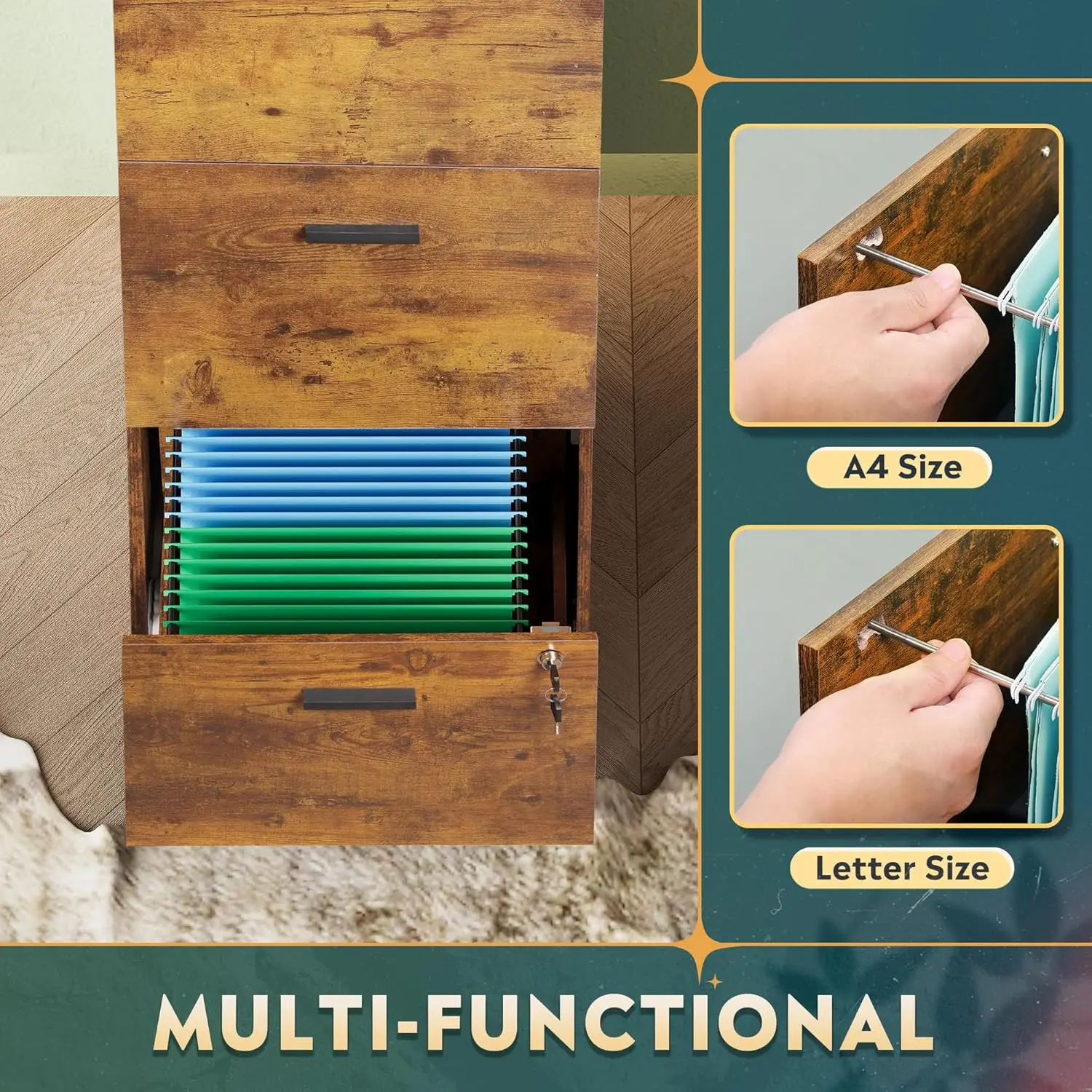 4 Drawer File Cabinet with Lock, Vertical Filing Cabinet for A4/Letter Size Files, Wood Storage Cabinet for Home Office