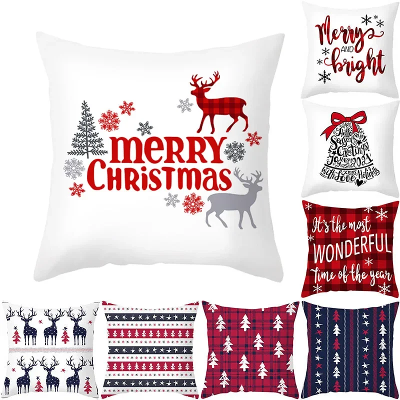 

Merry Christmas Pillowcase Santa Elk Tree Winter White Decorative