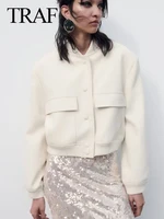 TRAF Vintage Solid Long Sleeve Bomber Jacket Spring Women Casual Coats Streetwear 2023 Female Elegant Lapel Zipper Jakcet - Image 3