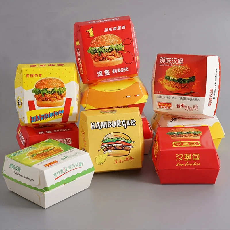 Custom  Custom Printed Recycled Take Away Fast Food Burger Hamburger Packaging Boxes custom custom recycled disposable togo restaurant lunch salad sandwich hamburger container take out fast food packaging kraft p