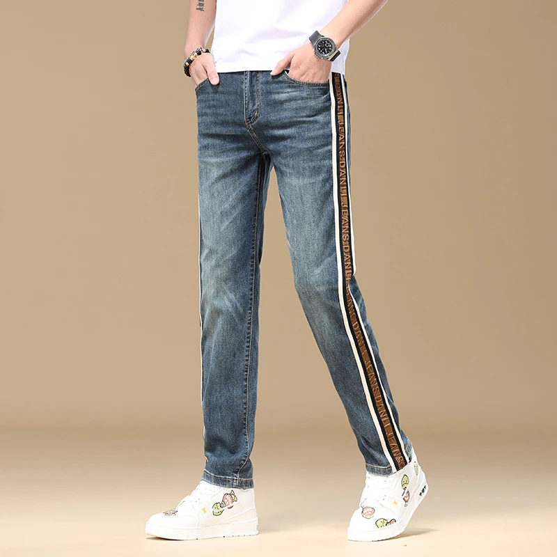 2024Summer Stripes High-End Men's Straight Jeans Blue Embroidery Loose Elastic Fashion Wide-Leg Trousers