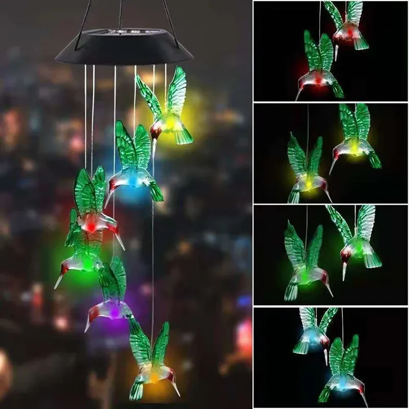Solar Garden Lights 1PC Colorful Gradient Garden LED Wind Chimes Decorated Hummingbird Landscape Atmosphere