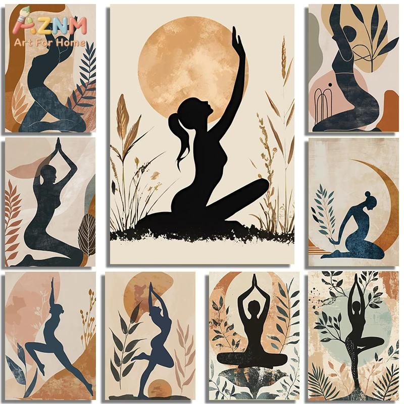 S75773b22de0e4de38ee5892aa304c0d9a.jpg Abstract Retro Bohemian Style Yoga Pose Art Poster Canvas Printing Yoga Studio Peaceful Meditation Space And Home Decoration - Image 1