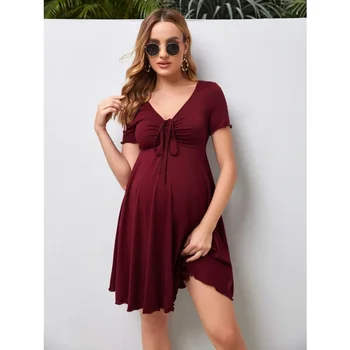 Maternity Dresses Summer Pure Colour V-neck 1