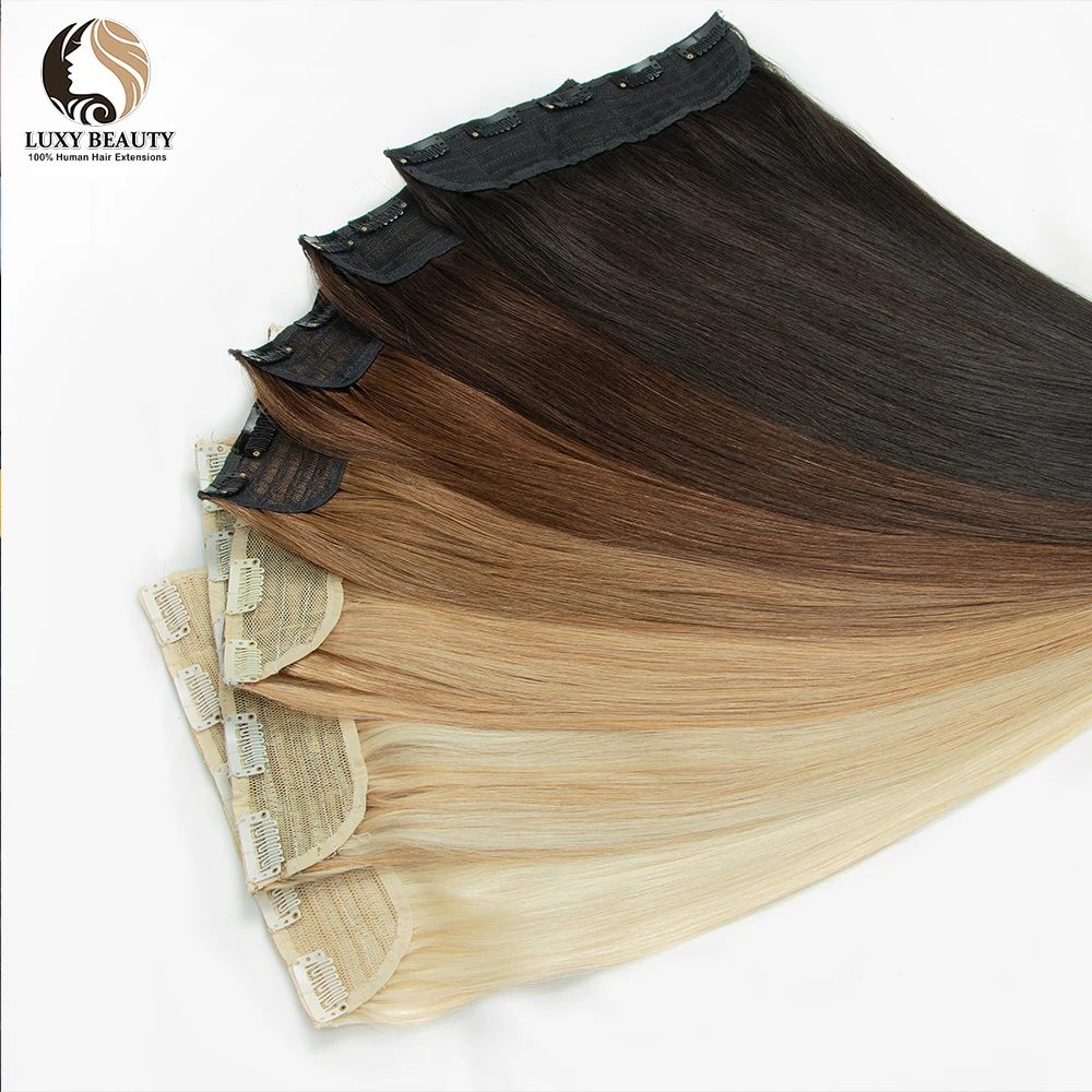 Clip In One Piece Human Hair Extensions Blonde Brown 100% Remy Human Hair Weft Clip In Natural Silk Straight Hairpiece For Women