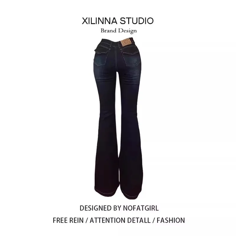 بنطلون جينز واسع الساق للنساء ذوات المقاسات الكبيرة، تصميم أمريكي مثير بخصر عالي مرن وقصة ضيقة على شكل V، طول كامل، ربيع 2025