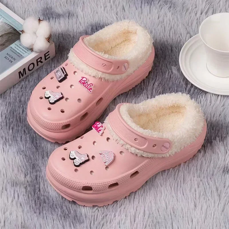 

Cros Winter Warm Slippers Indoor Flat Shoes Winter Warm Cotton Slippers Fashion Women's Hole Shoes Couple Plush Garden Shoes