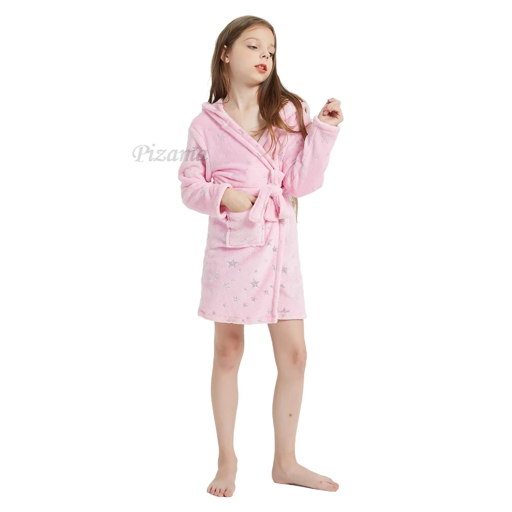Pink Star Print Girls Bathrobes Hooded Unicorn Pajamas Children's Bath Robes for 2-11 Years Kids Sleepwear Nightgown withe Belt