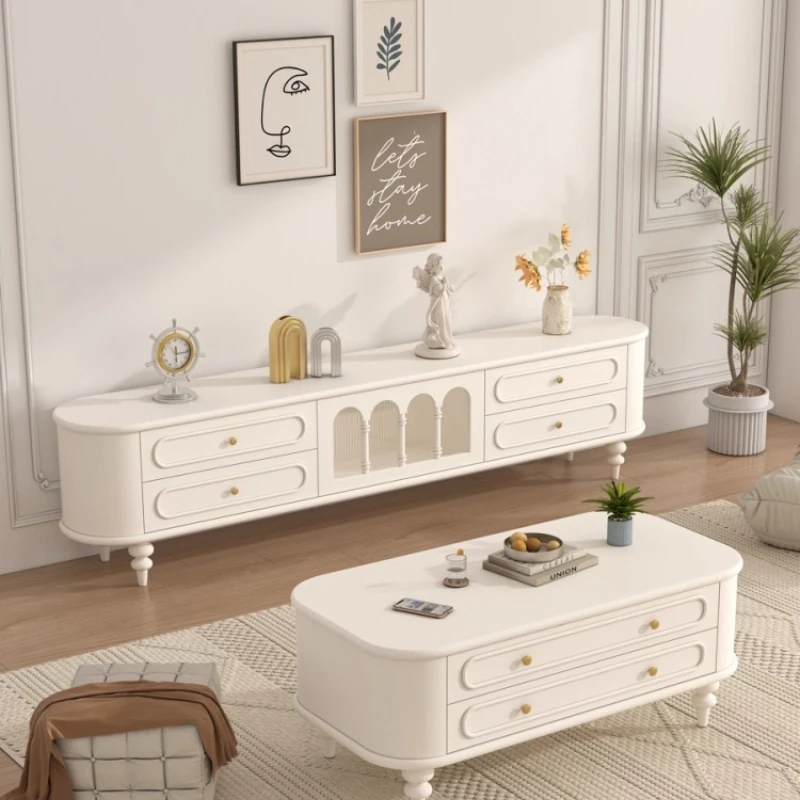 Crafted French Solid Wood TV Console Glass Coffee Table Cream Tone Finish Living Room Luxury Flair Space Saving Corner Solution