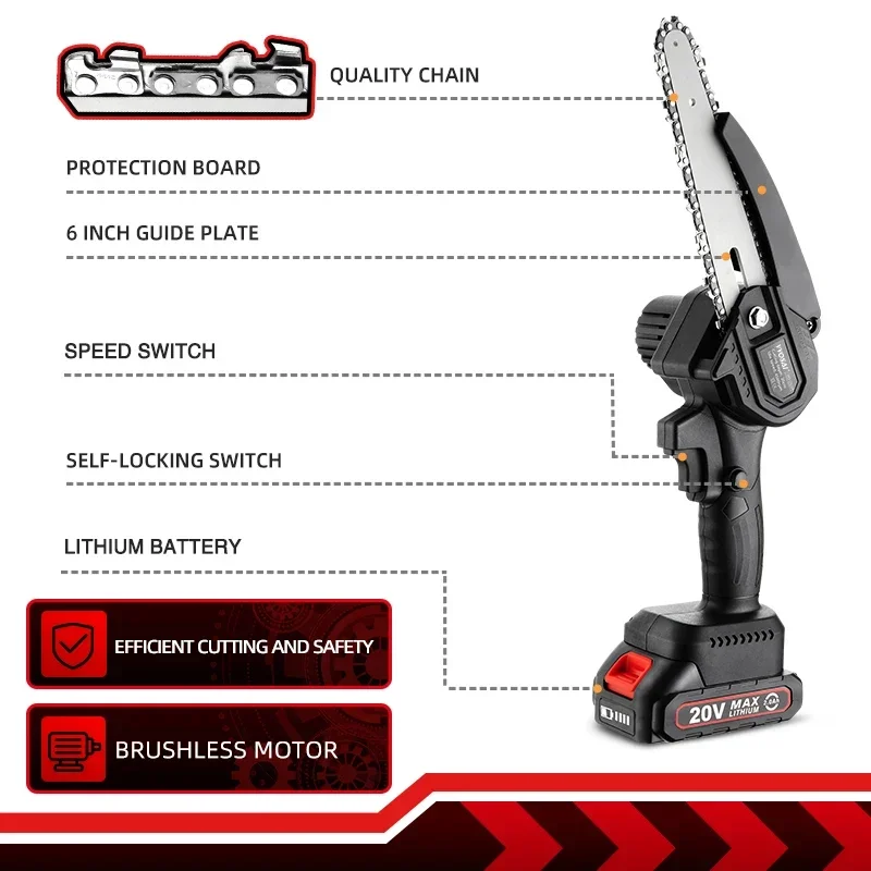 Mini chainsaw 20V 6 Inch brushless cordless handheld pruning saw portable woodworking electric saw cutting tool