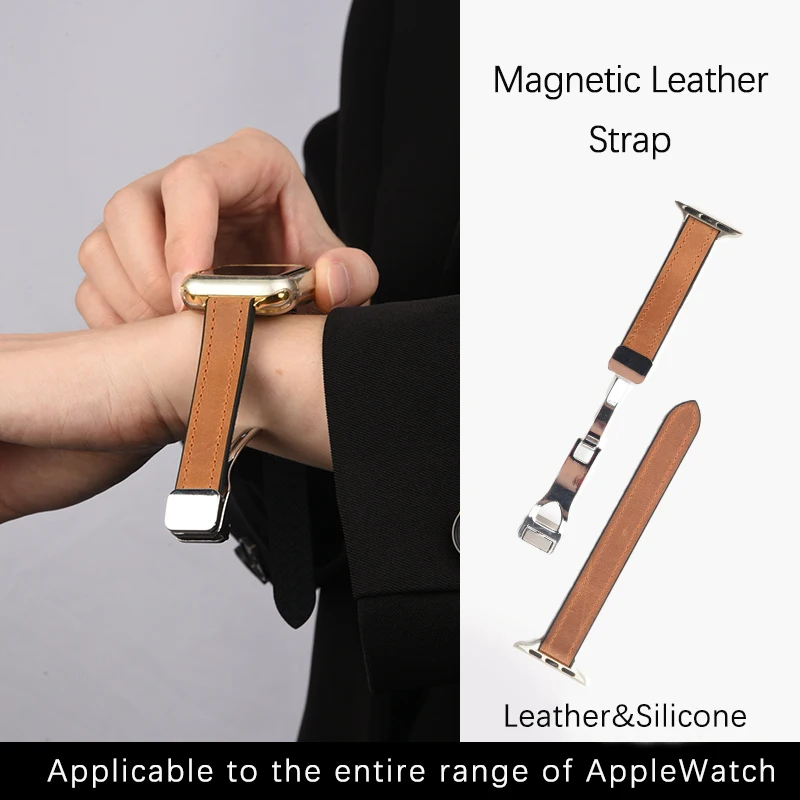 

14mm wide Leather Strap For Apple Watch Band 49mm 45mm 44mm 41mm 40mm Silicone Magnetic Buckle Bracelet for iWatch 5 6 7 8 9 Ult