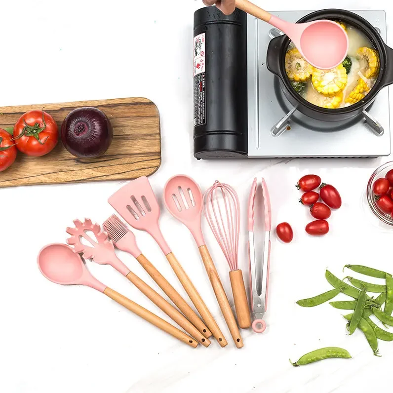 11pcs Pink Silicone Kitchen Cooking Tools Spatula Shovel Soup Spoon with Wooden Handle Special Heat-resistant Design Utensil