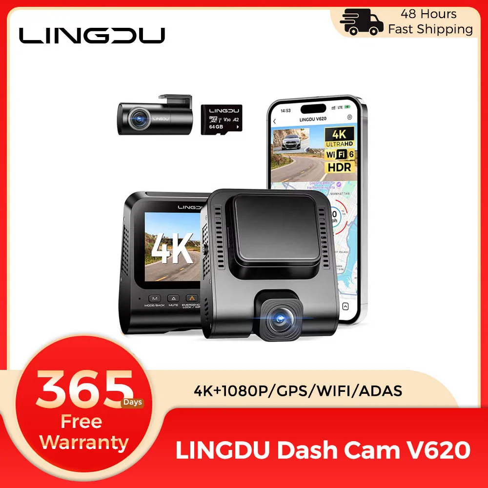 LINGDU Dash Cam Front Rear 4K V620, 4K 1080P 2.4 inch IPS WiFi GPS super night vision WDR parking monitoring