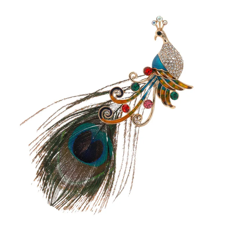 Vintage Enamel Crystal Rhinestone Peacock Feather Brooch for Women