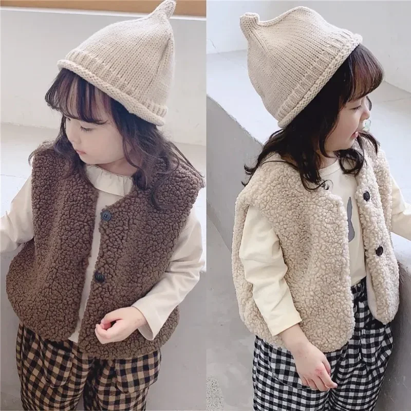 Children Vest Autumn Winter Baby Lamb Wool Plus Velvet Single Breasted V Neck