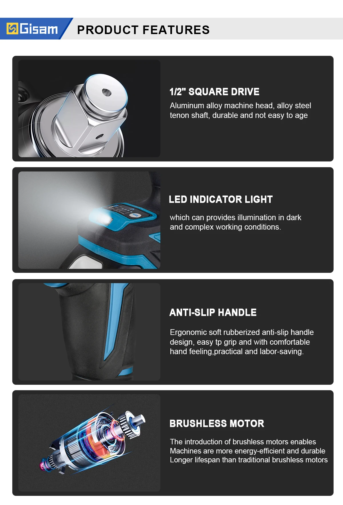 1200N.M Brushless Electric Impact Wrench 1/2 inch Cordless Wrench Screwdriver Po