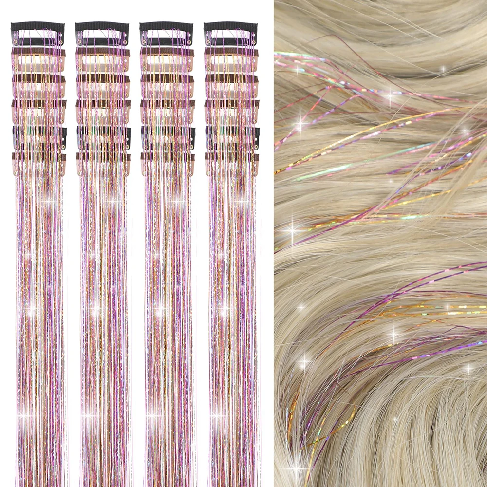 

6PC Clip in Hair Tinsel Heat Resistan Fairy Hair Tinsel Kit Clip in Tinsel Hair Extensions, Clip in on Shiny Colorful Hair