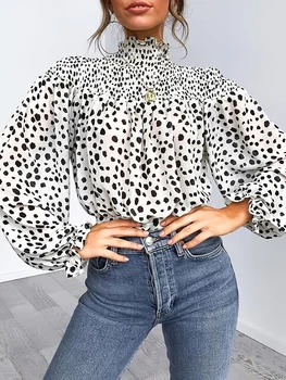 Lion Print High Collar Lantern Sleeve Shirt Loose Casual Top with Belt Detail Leopard Patterned Long Sleeve Loose Fit Shirt 1