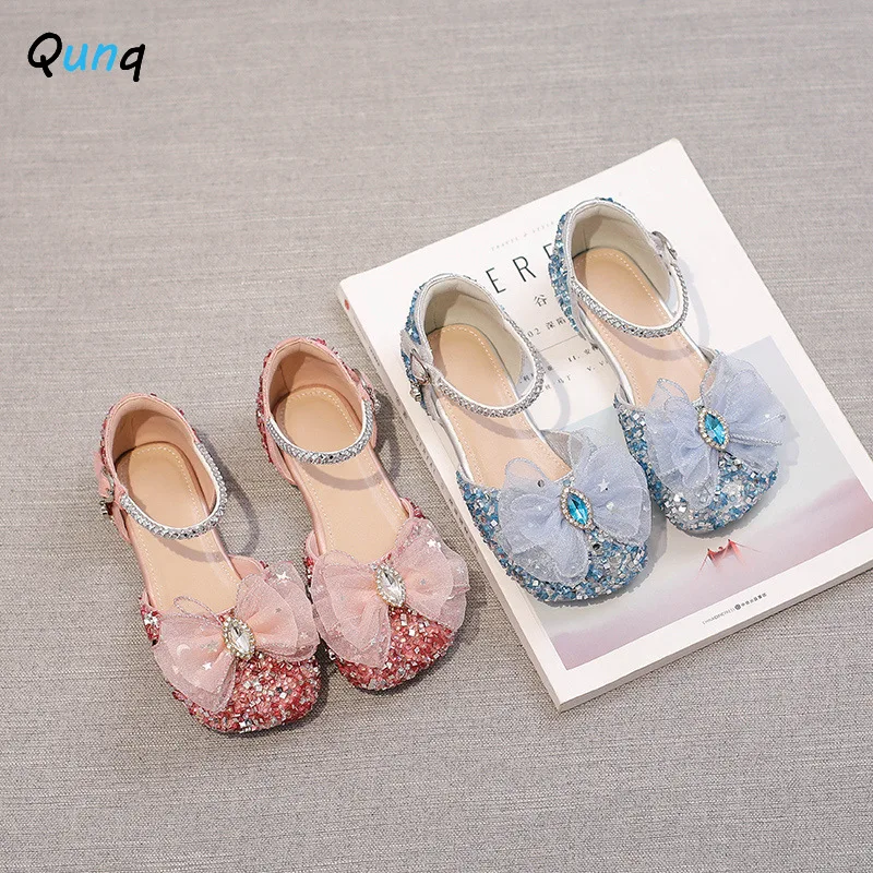 

Qunq Summer New Children Sandals Shoes Rhinestone Lace Bow Princess Party Dance Shoes Baby Student Flats Kids Performance Shoes