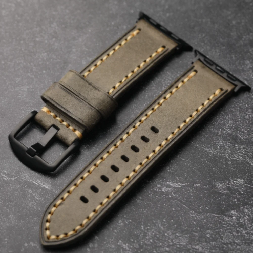 수제 상단 레이어 소가죽 어댑터 위치 접이식 애플 울트라 49mm 45mm 남성용 시계 밴드, 샌드위치 없음