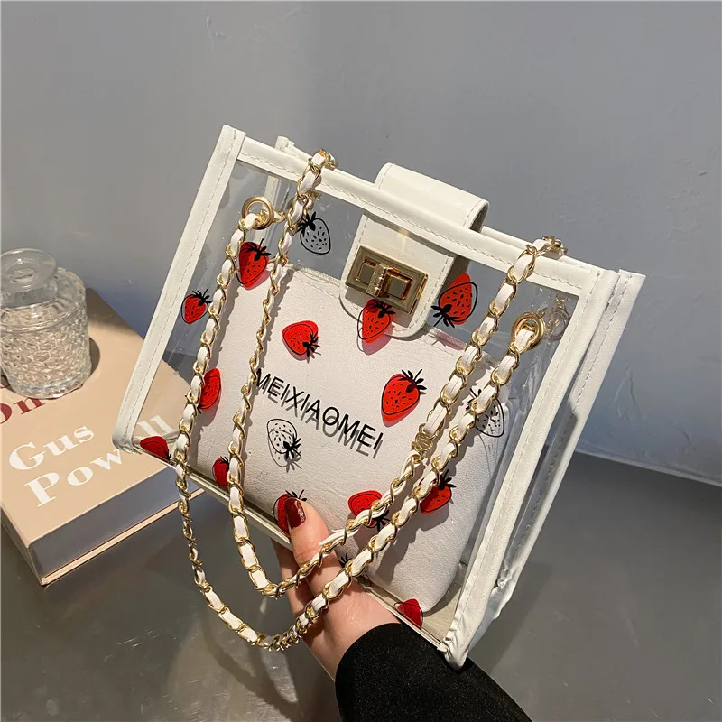 Borsa trasparente alla moda per donna Borsa a tracolla da donna da viaggio trasparente in PVC con borsa Borsa tote ecologica fragola di grande capacità_voghion.com