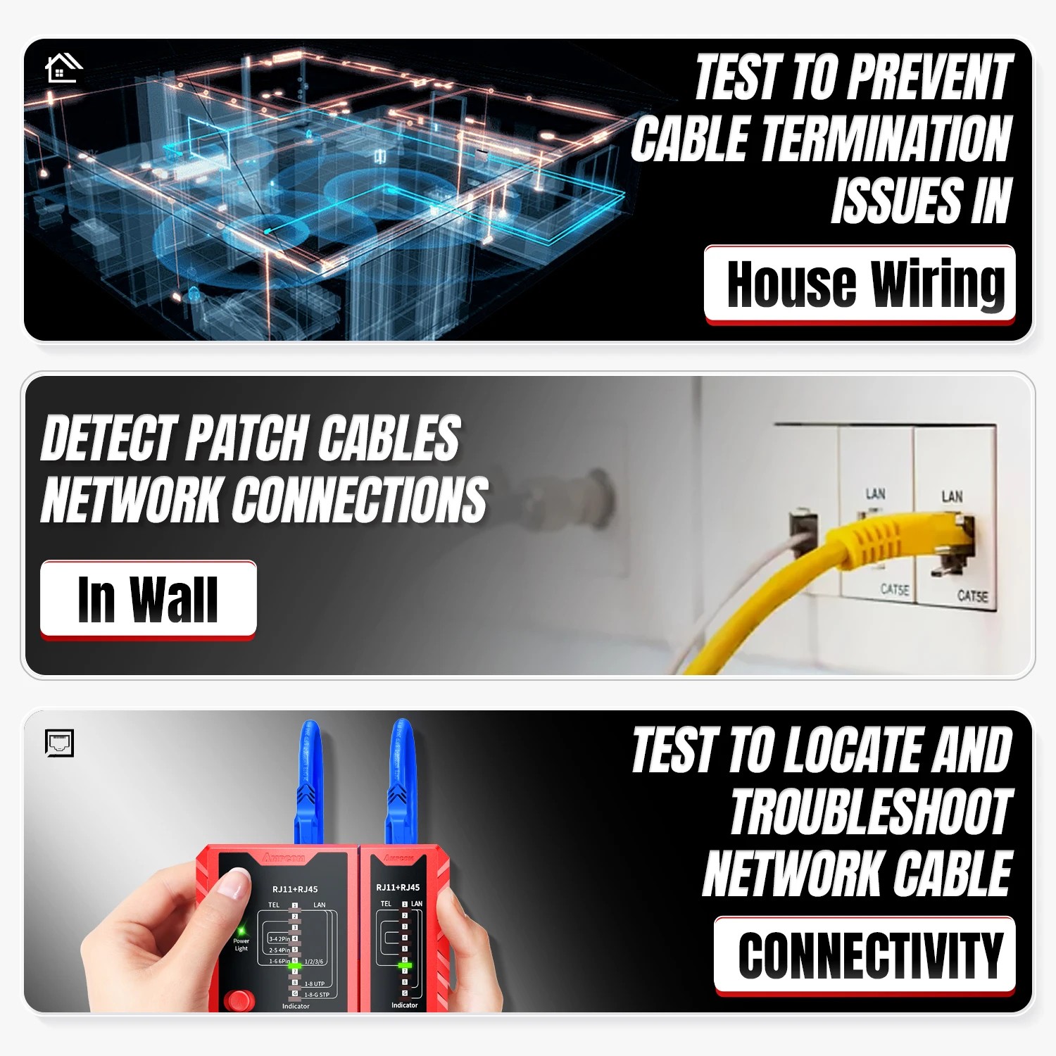 AMPCOM 네트워크 케이블 테스터, LAN 전화 와이어 테스터 도구, 네트워킹 도구, 이더넷 수리, RJ45, RJ11, RJ12, CAT5, CAT6, CAT7, CAT8