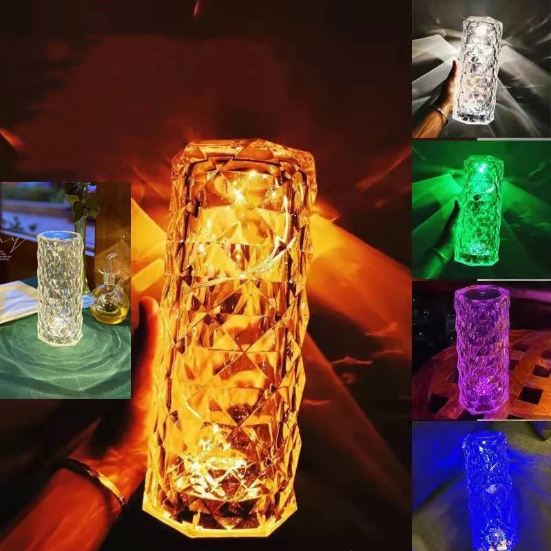 LED Crystal Table Lamp Rose Light Projector 3/16 Colors Touch Night Light Romantic Diamond Atmosphere USB Home Bar Decor