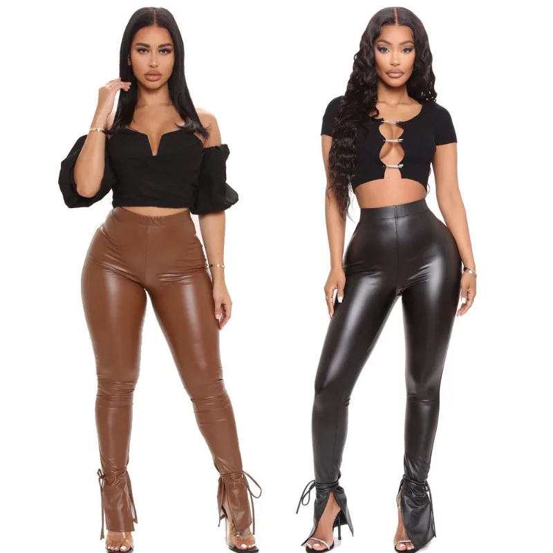 PU High Waist Trousers Women Faux Leather Pants Buckled Zipper Trousers Fashion Slim Fit Skinny Bodycon Pant Club Leggings 2023