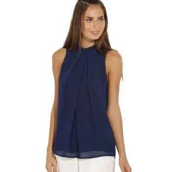 Women's Chiffon Blouse sleeveless double pleated casual shirt 1