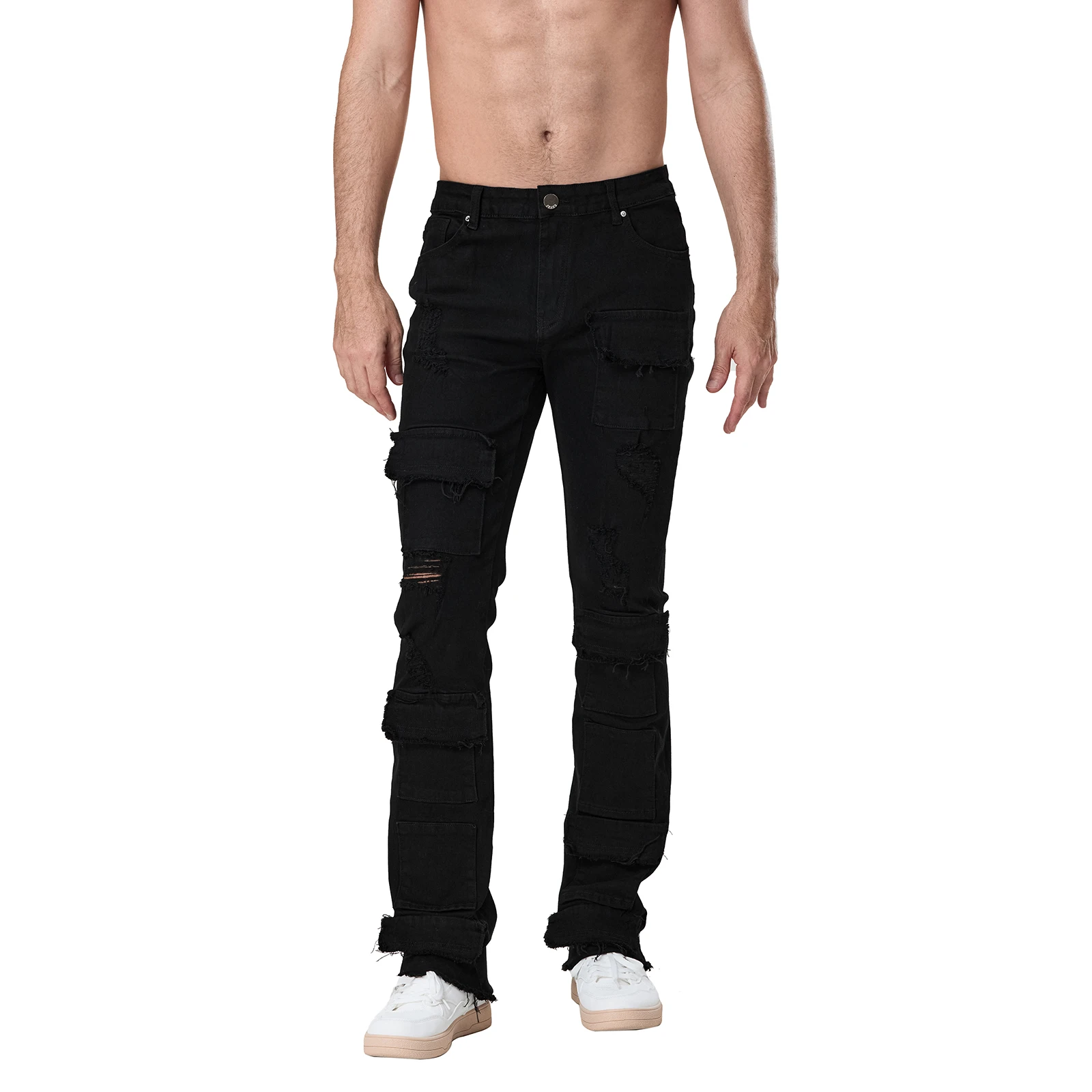 Men Ripped Denim Pants Distressed Skinny Cargo Pants Casual Trousers with Pockets for Streetwear