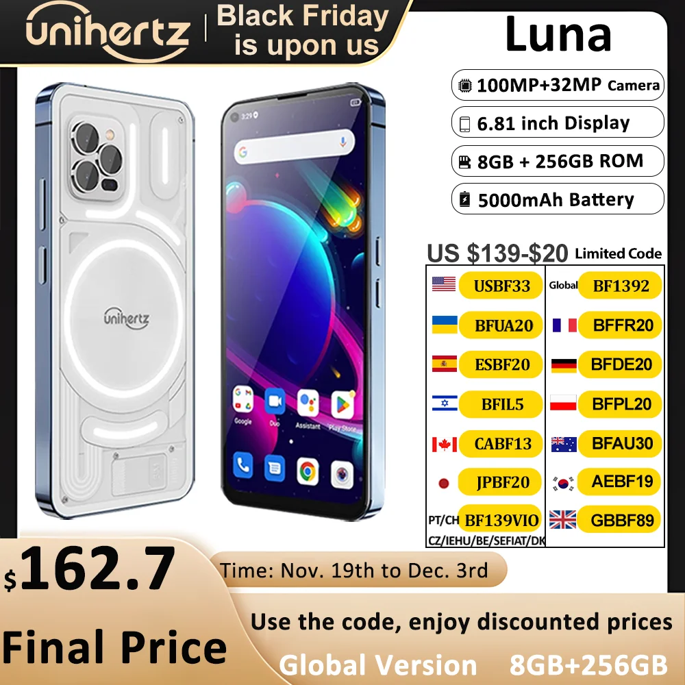 Unihertz Luna Smartphone Rhythm Ambient LED strip Music Phone 8GB RAM 256GB ROM 108MP G99 Mobile Phone Night Vision Cellphone