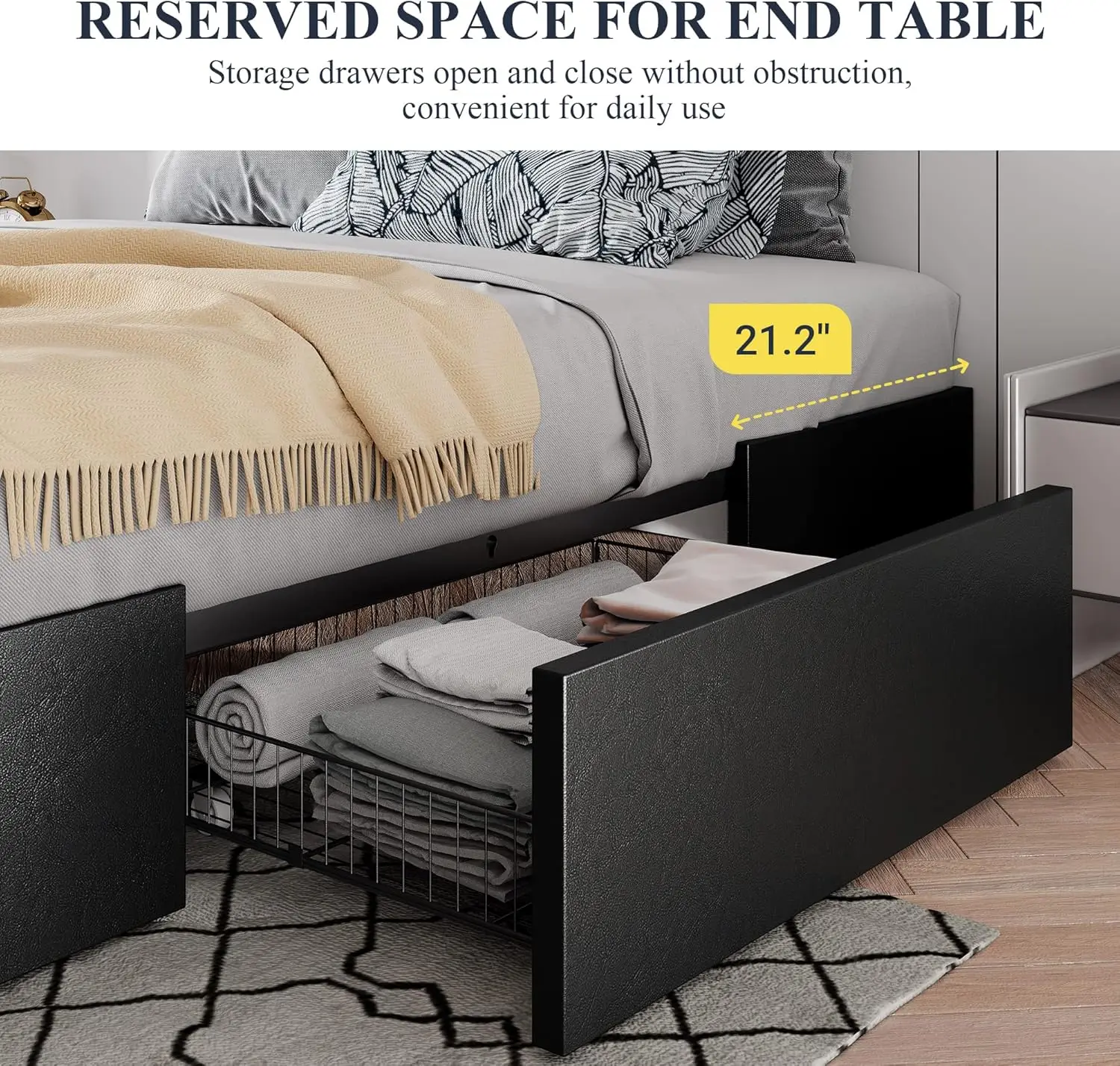Full Size Platform Bed Frame with 3 Storage Drawers, Faux Leather Upholstered, Wooden Slats Support, No Box Spring Needed 3