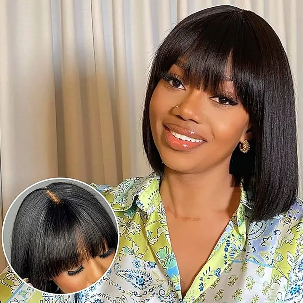 Easy To Wear And Go Short Bob Kinky Straight Wig With Bangs
